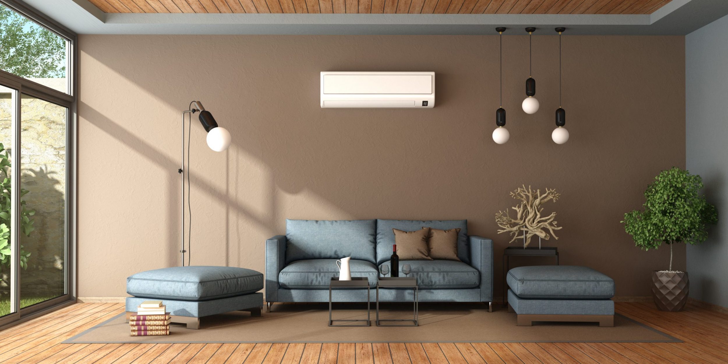 Blue and brown living room with air conditioner , sofa and footstool - 3d rendering
